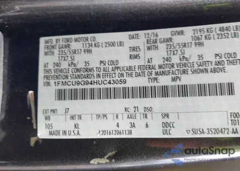 2017 Ford Escape Se z USA, uszkodzony, nr VIN 1FMCU9G94HUC43059